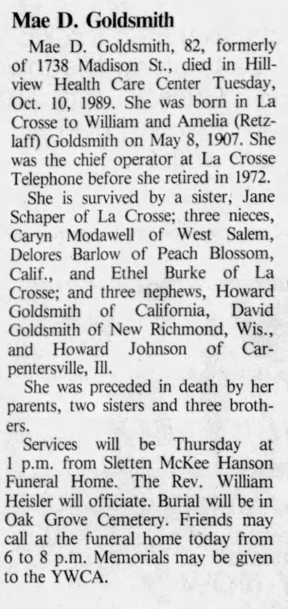 Mae D. Goldsmith Obituary